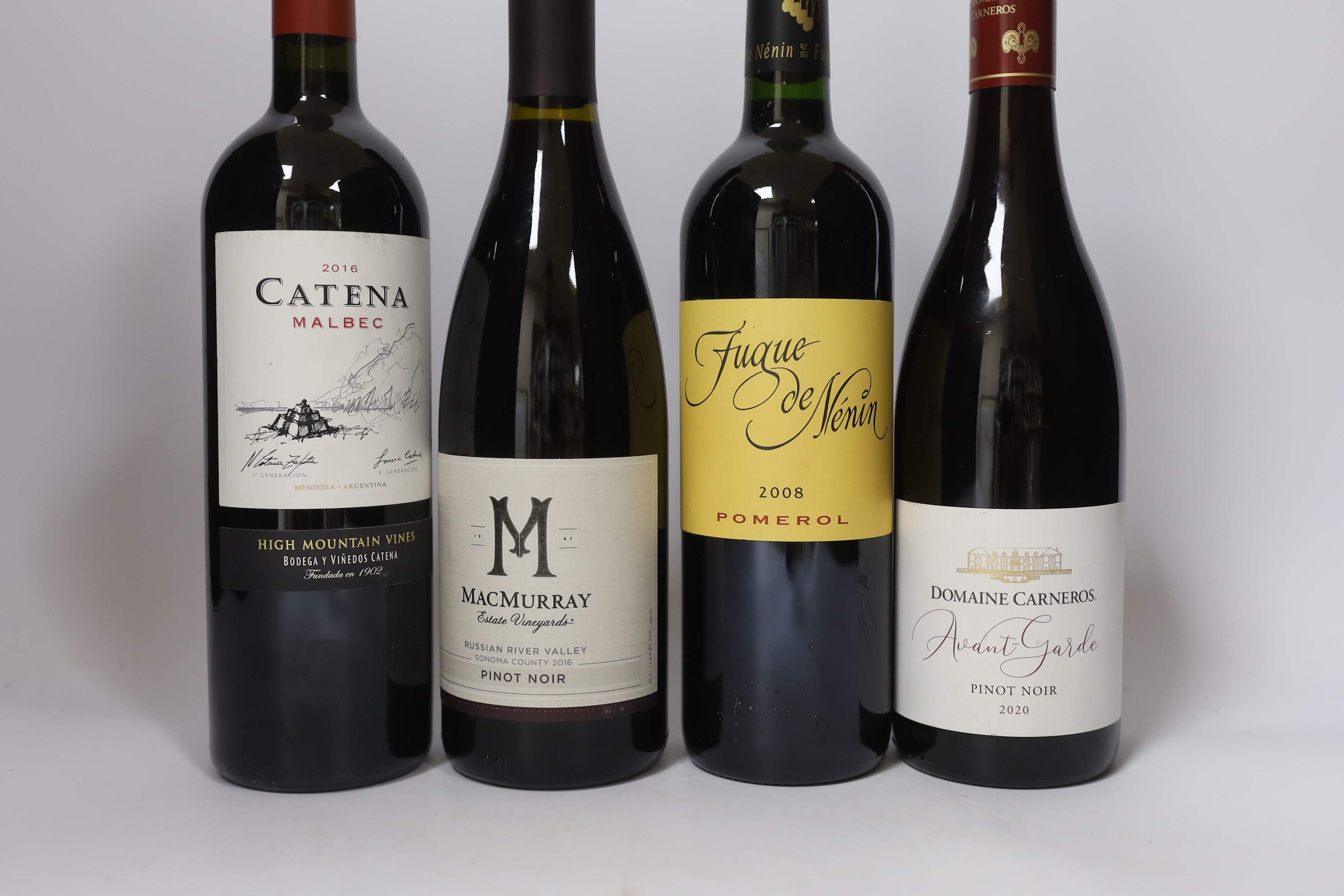 Ten bottles of wine - five bottles of Macmurray Pinot noir, three bottles of Catena Malbec (2015,2016 & 2017), a bottle of Domaine Carneros Avant Garde Pinot noir 2020 and a bottle of Fugue de Nénin Pomerol 2008